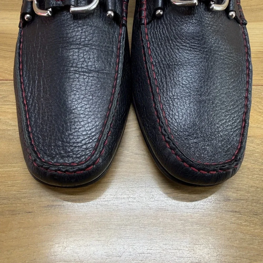 Donald J Pliner Bit Loafers Mens 11 M Black Pebble Leather Moc Toe Red Stitching